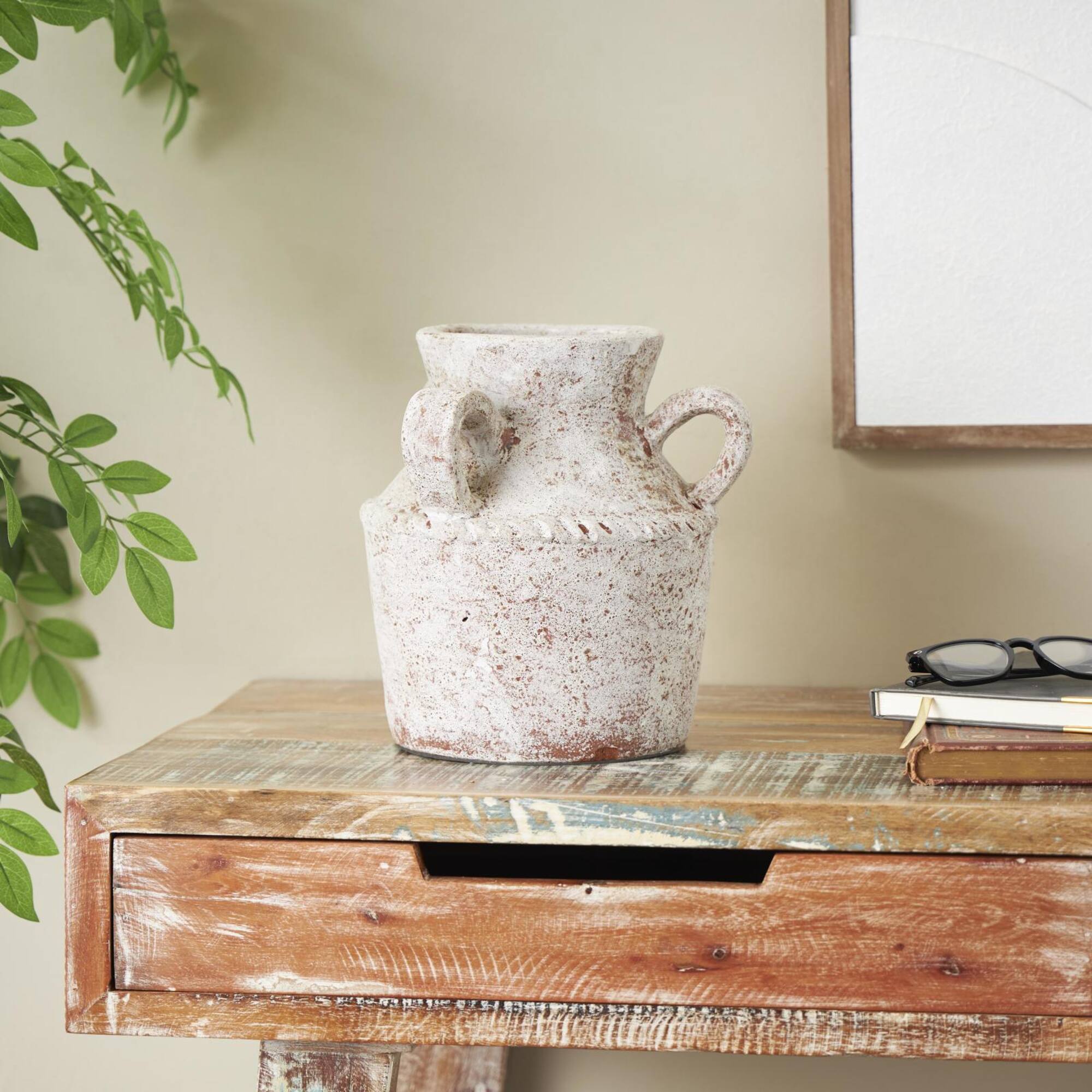 10" Cream Antique-Style Textured Ceramic Vase with Arched Handles